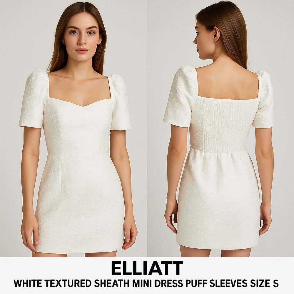 Elliatt White Textured Sheath Mini Dress Puff Sleeves Square Neck Size S (4-6)